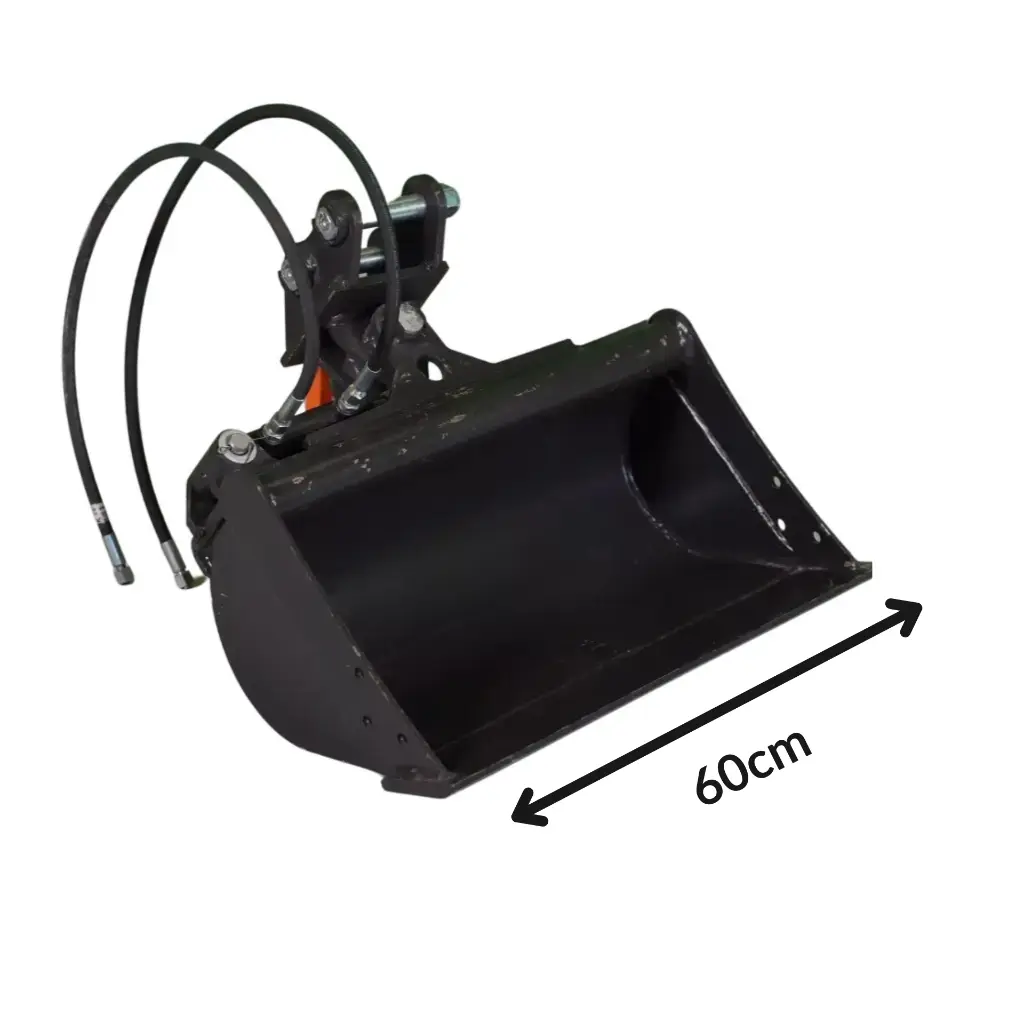 godet de curage vu de profil sur fond blanc. Flèche sur la longueur du godet avec 60 cm d'écrit ce qui est la dimension