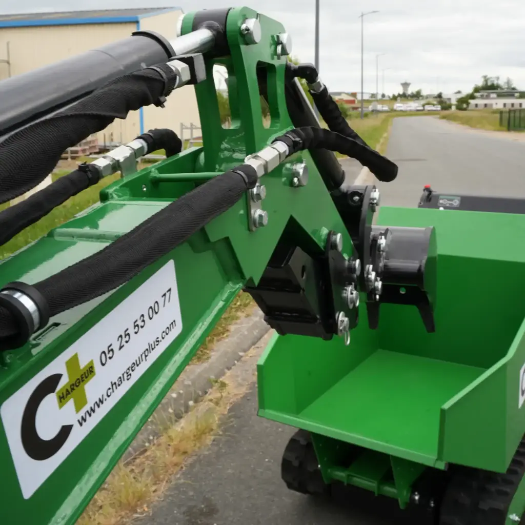 Zoom sur le bras articulé hydraulique d’une mini-pelle verte Chargeur Plus, avec flexibles gainés, vérins et godet avant, vue extérieure sur route