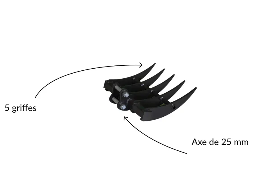 rateau 5 griffes vue de haut et de côté sur fond blanc, flèches qui décrivent les caractéristiques du rateau, le nombre de griffe et l'axe.webp