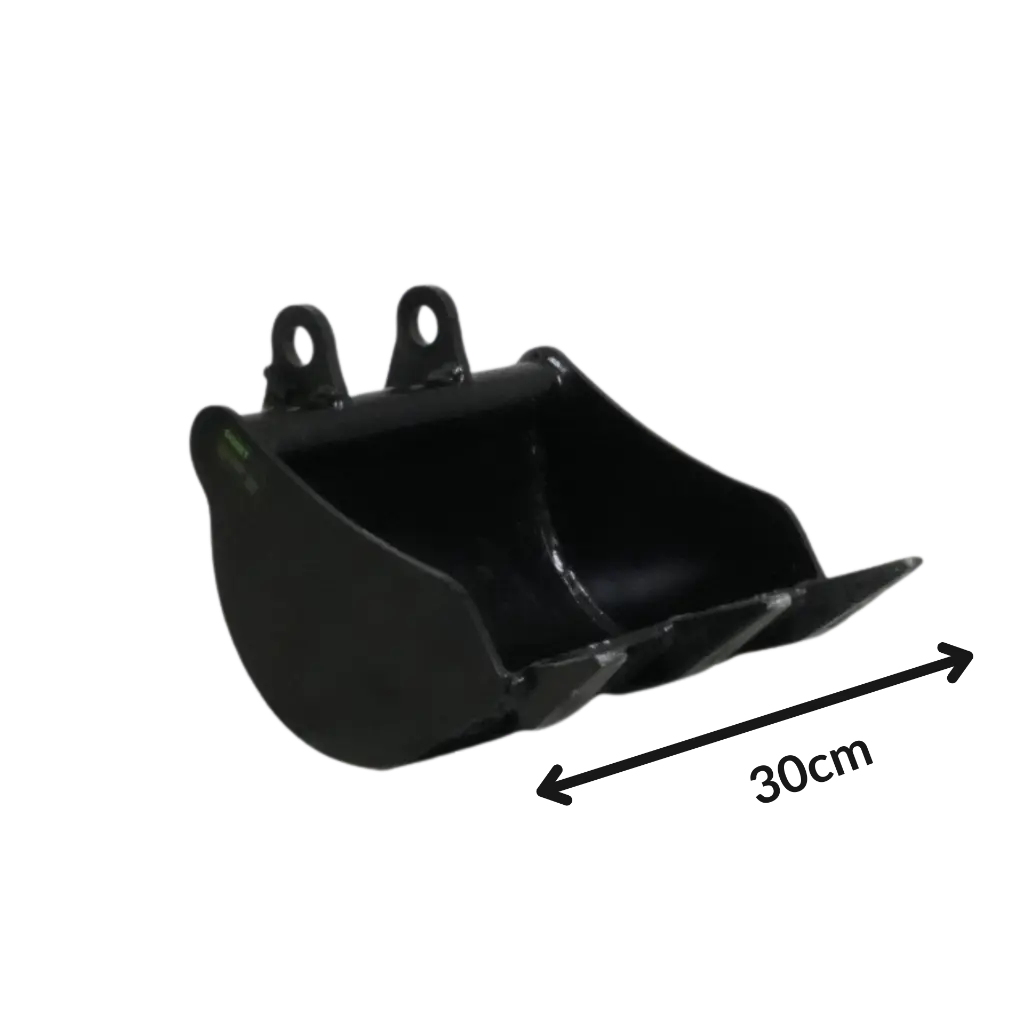 photo illustrant un godet de 30cm destiné à une mini-pelle cp06, l'arrière plan est transpoarent est on voit l'inscription 30cm symbolisant la largeur du godet.webp