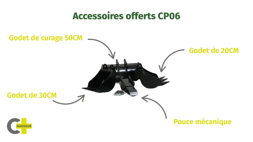 photo illustrant les 4 accessoires offerts pour tout achat d'une mini-pelle CP06 de chez CHargeur Plus, un godet de 20 un godet de 30 un pouce mécanique.webp