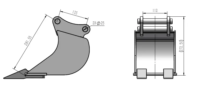 schéma de vu de côté et de face avec flèches décrivant les dimensions d'un godet 20 cm