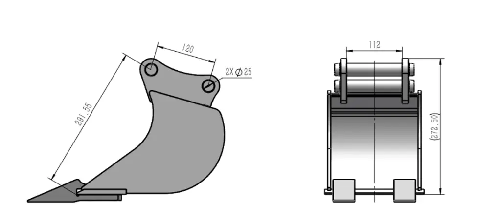 schéma de vu de côté et de face avec flèches décrivant les dimensions d'un godet 20 cm