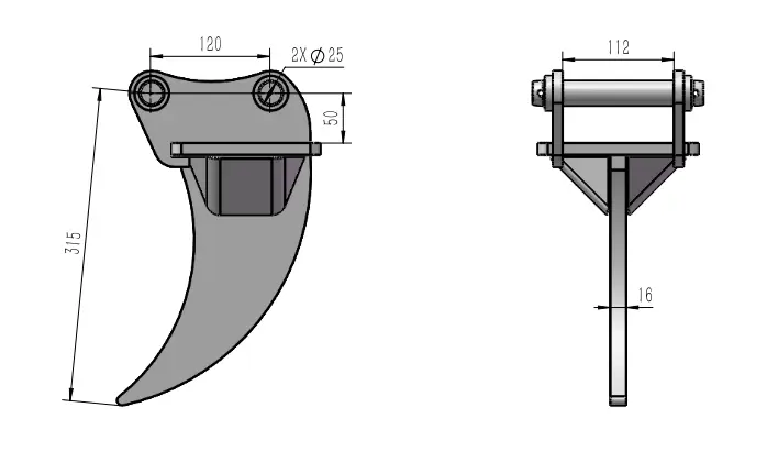 schéma de vu d'en de côté et de face avec flèches décrivant les dimensions d'une dent ripper