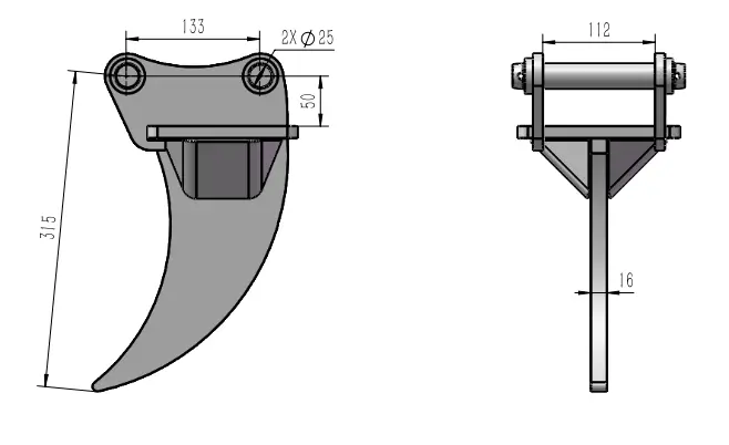 schéma de côté et de face avec flèches décrivant les dimensions d'un dent ripper
