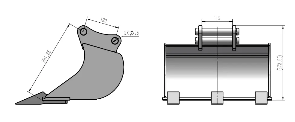 schéma de vu de côté et de face avec flèches décrivant les dimensions d'un godet 40 cm