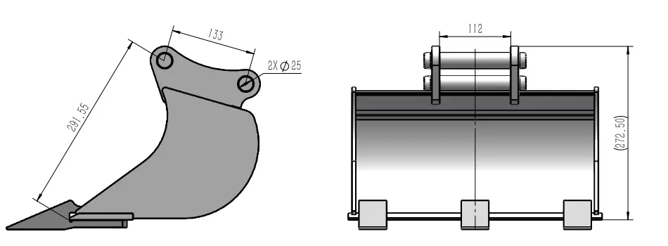 schéma de vu de côté et de face avec flèches décrivant les dimensions d'un godet 40 cm
