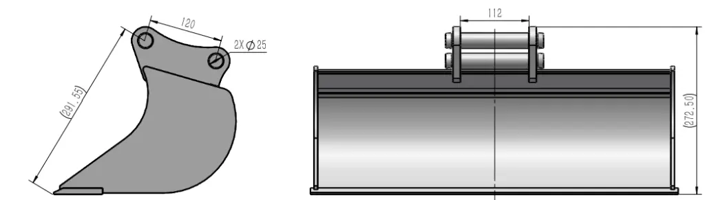 schéma de vu de côté et de face avec flèches décrivant les dimensions d'un godet 60 cm