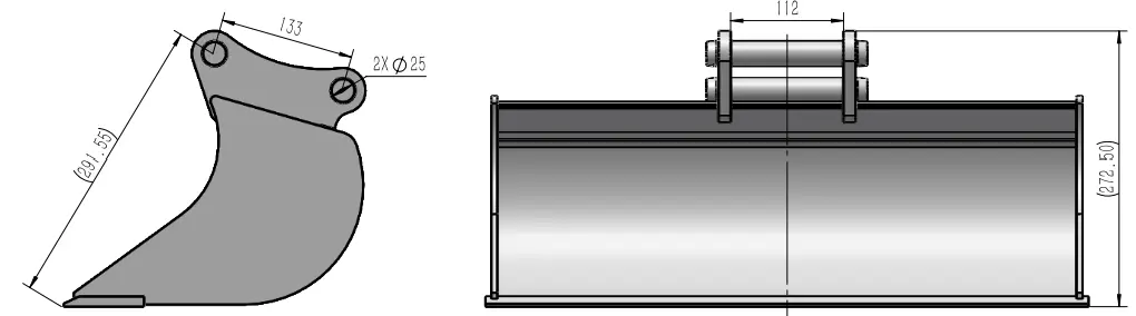 schéma de vu de côté et de face avec flèches décrivant les dimensions d'un godet 60 cm