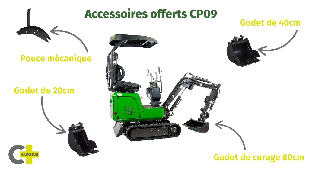 image illustrant les accessoires offerts avec la CP09 de 840kg de chez Chargeur Plus