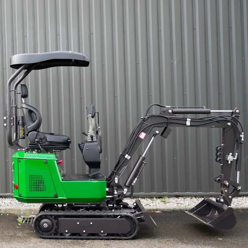Chargeurplus: Mini-pelle compacte sur chenilles avec bras hydraulique articulé et godet renforcé, conçue pour les travaux de terrassement et les accès étroits.