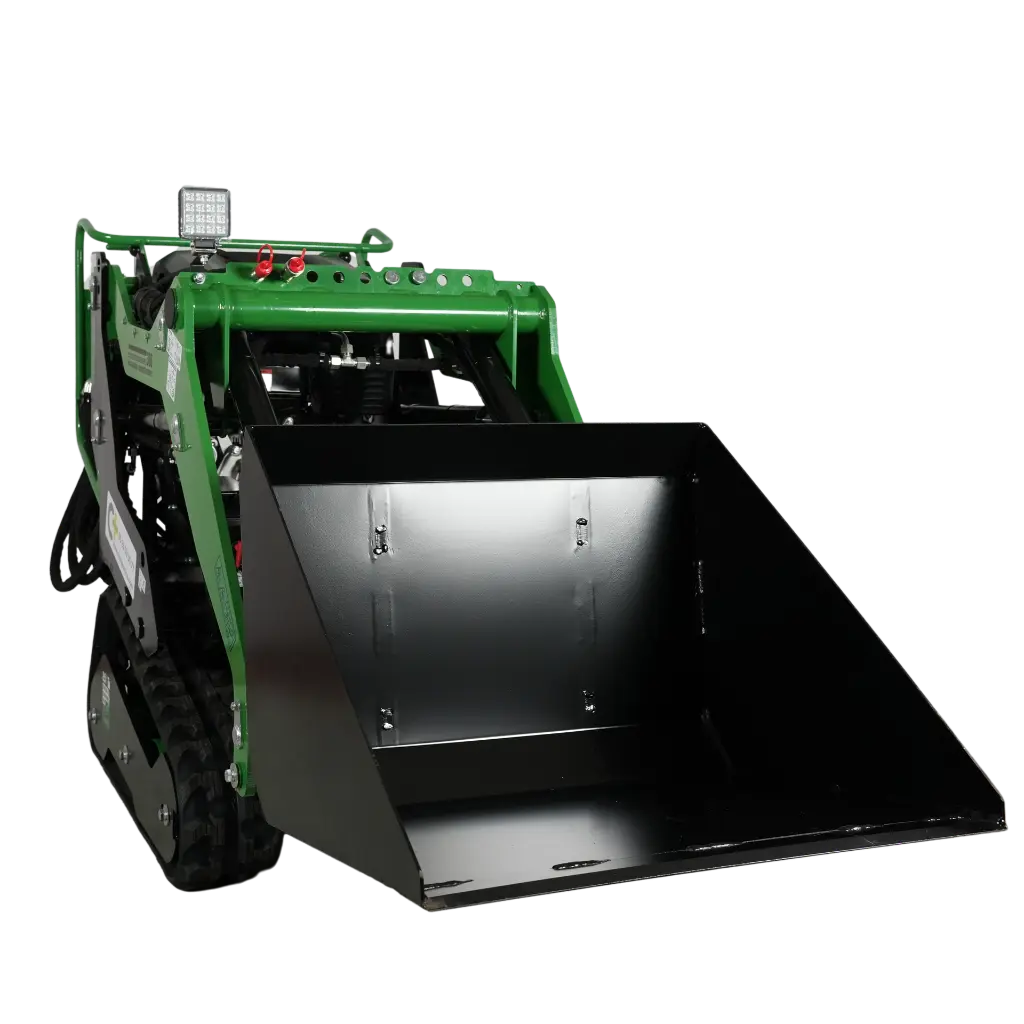 photo proche d'une mini(chargeuse MC306 équipée d'un godet à fond plat standard de 130L