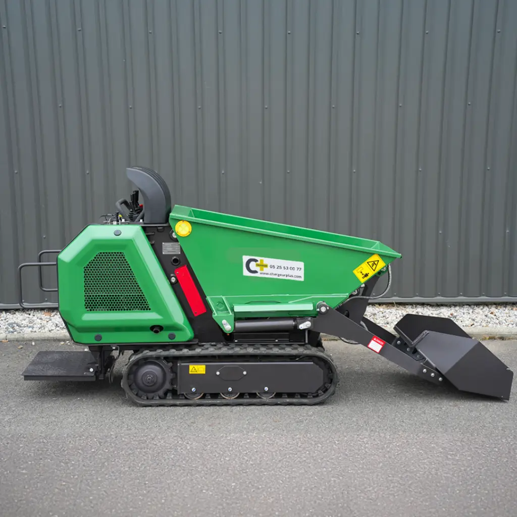 1image illustrant le mini-dumper dpc800 de chez chargeur plus sur un fond gris avec la benne repliée